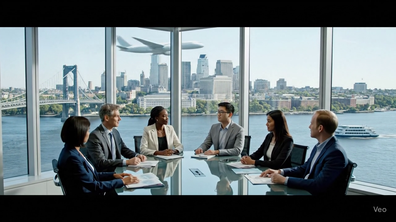 Professional business meeting with city skyline